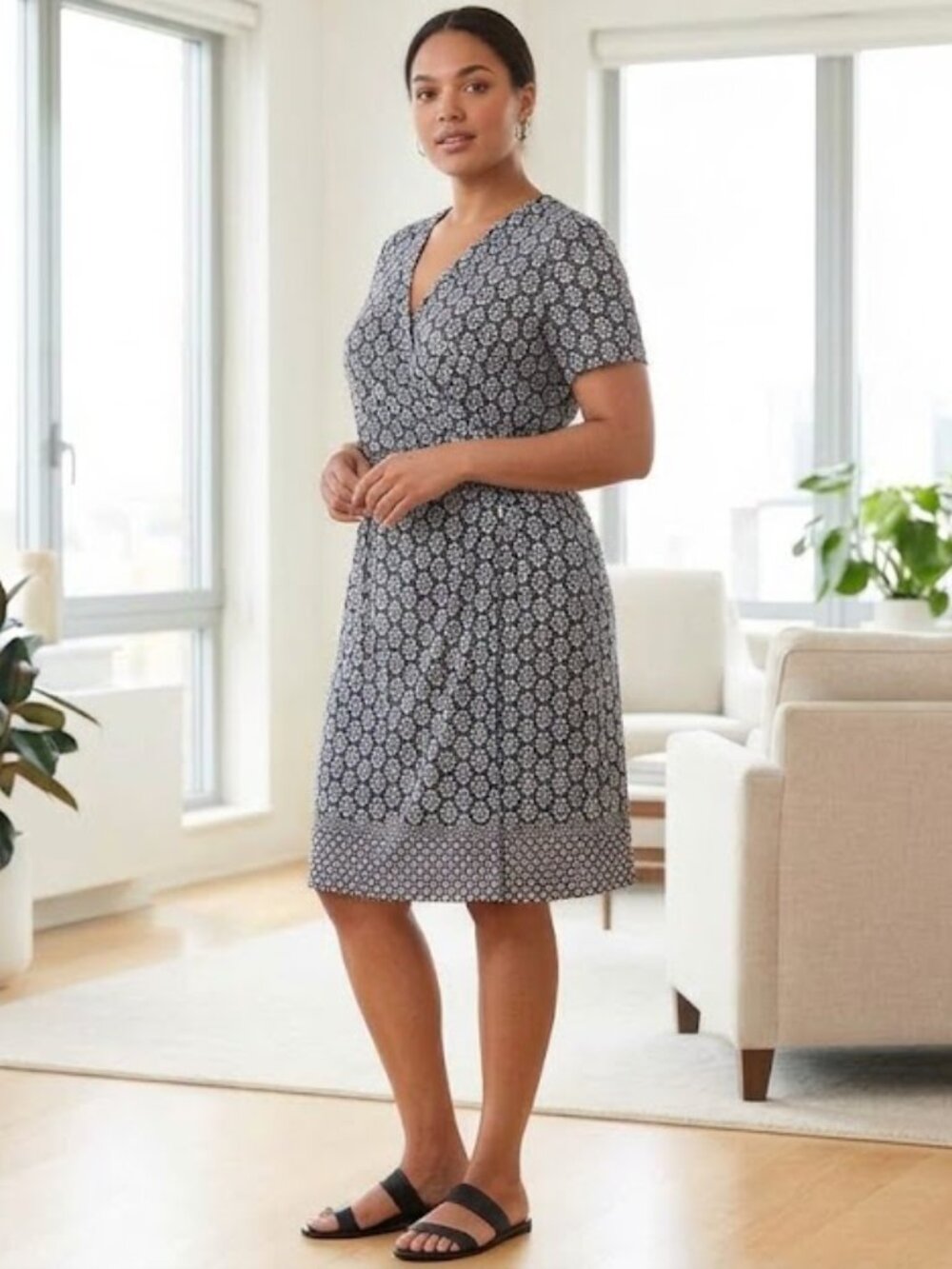 Talbots Black White Geometric Print Short Sleeve Wrap Dress 2XP Plus Petite